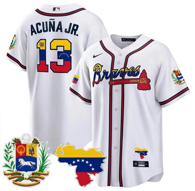 Men's Atlanta Braves #13 Ronald Acuña Jr. 2023 White With Patch Cool Base Stitched Jersey